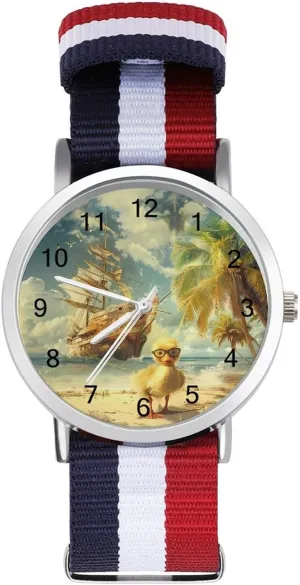 Summer Beach Duck and Coconut Tree Ship Unisex Watch Lightweight Breathable Woven Nylon Wrist Strap Watch with Metal Buckle