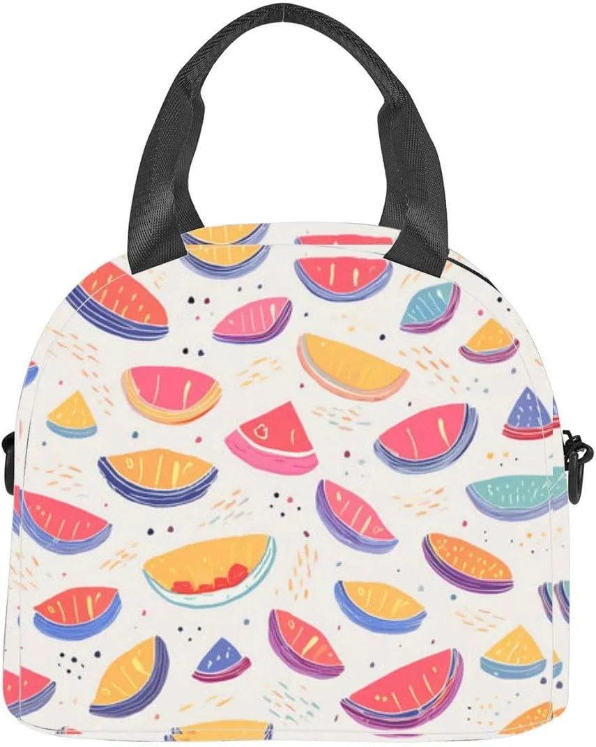 summer fruit outline slice hand drawn and realistic textiles Insulated Adult Lunch Bag with Shoulder Strap for Women Lightweight Reusable Portable Freezable Lunch Tote Bag for Work Picnic
