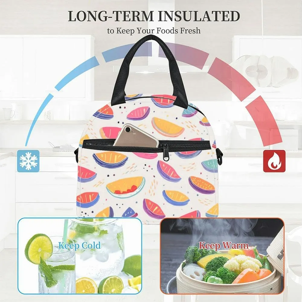 summer fruit outline slice hand drawn and realistic textiles Insulated Adult Lunch Bag with Shoulder Strap for Women Lightweight Reusable Portable Freezable Lunch Tote Bag for Work Picnic
