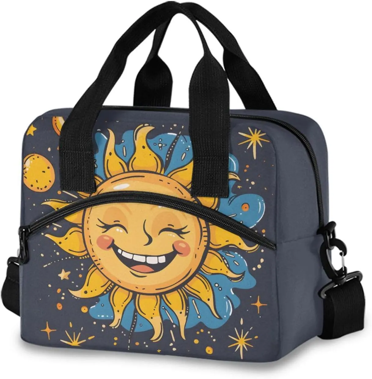 Sun & Moon & Star Cartoon Insulated Lunch Box for Women Men Reusable Lunch Bag for Office Picnic Cooler Bags with Adjustable Shoulder Strap