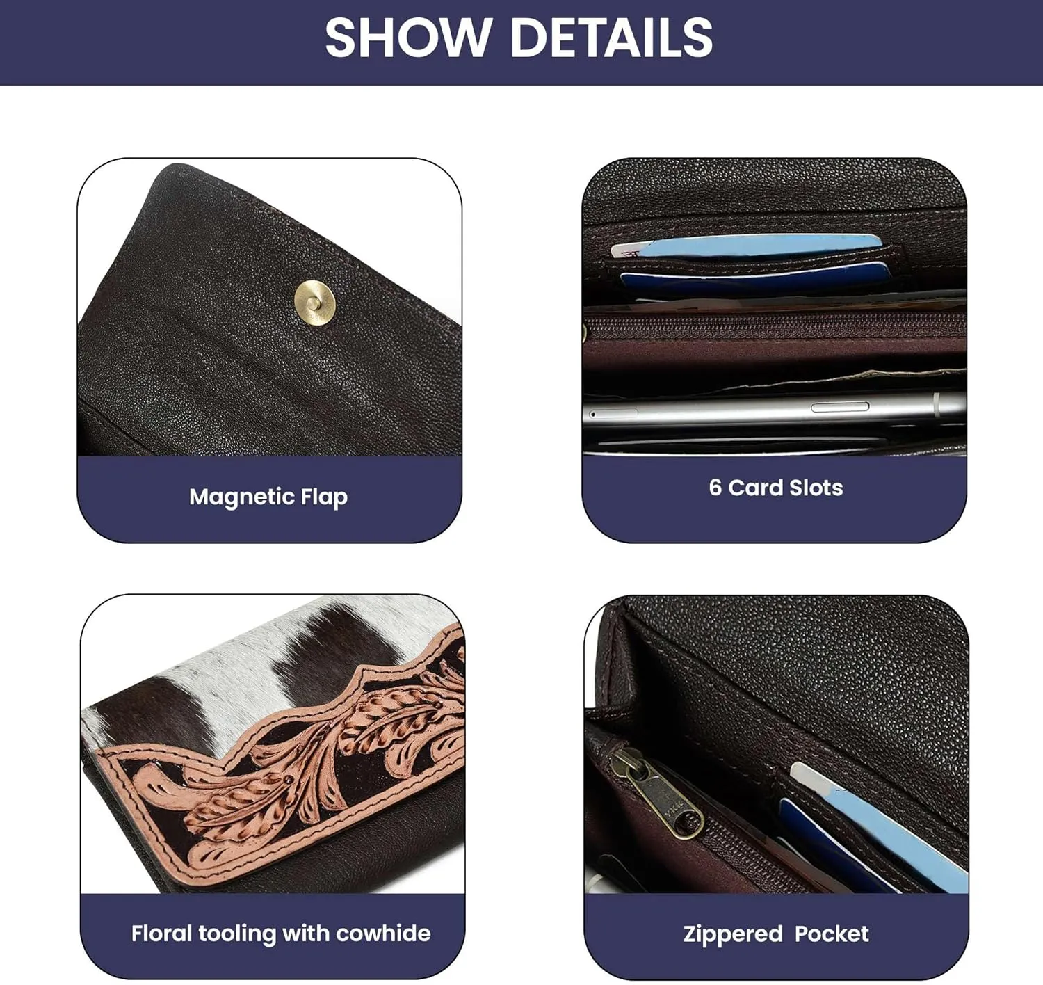 Sundown Stash Tooled Leather Cowhide Hair On Wallet for Women RFID Blocking Trifold Wallet