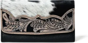 Sundown Stash Tooled Leather Cowhide Hair On Wallet for Women RFID Blocking Trifold Wallet