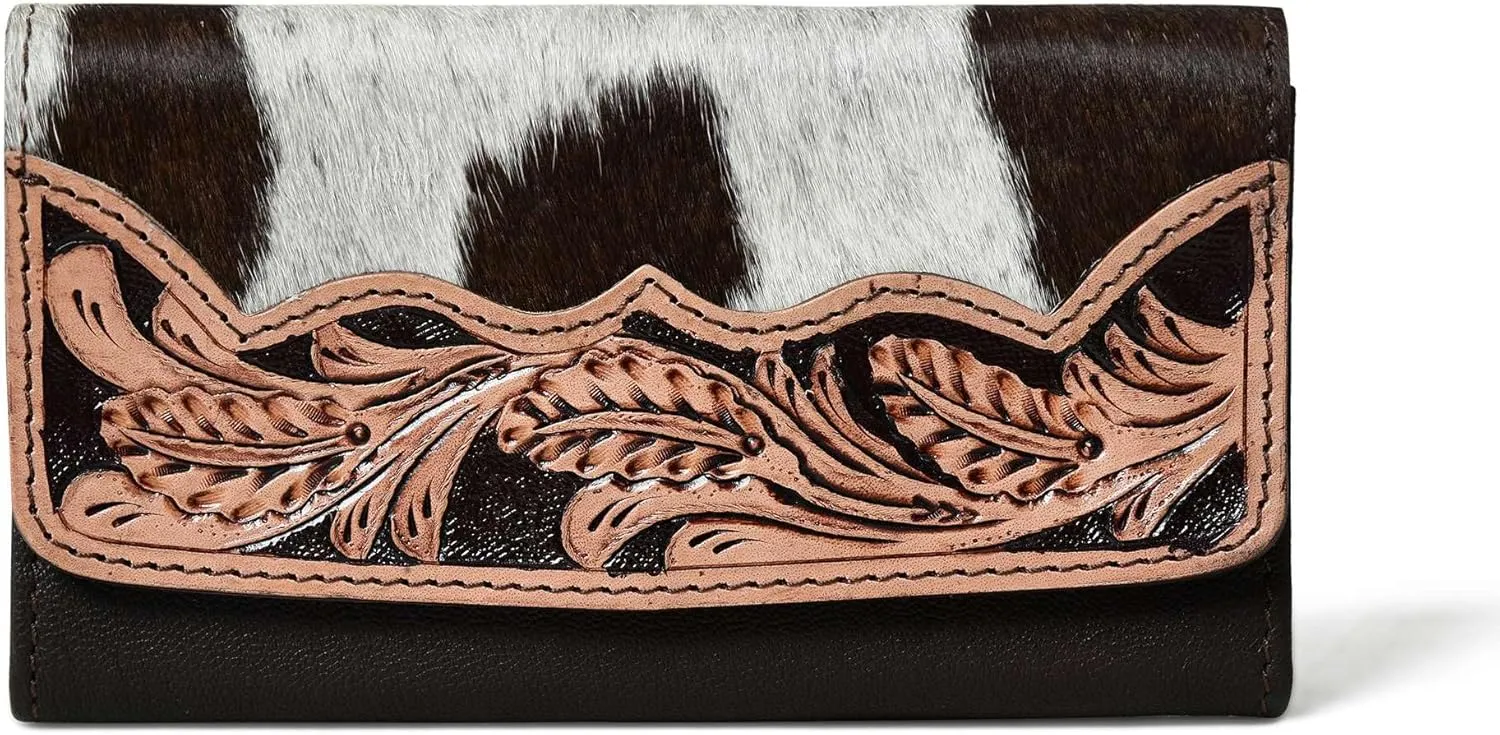 Sundown Stash Tooled Leather Cowhide Hair On Wallet for Women RFID Blocking Trifold Wallet