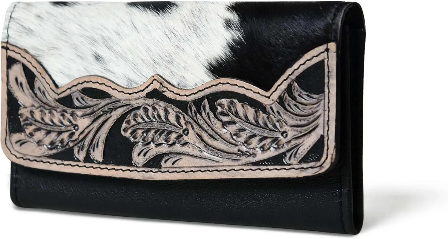 Sundown Stash Tooled Leather Cowhide Hair On Wallet for Women RFID Blocking Trifold Wallet