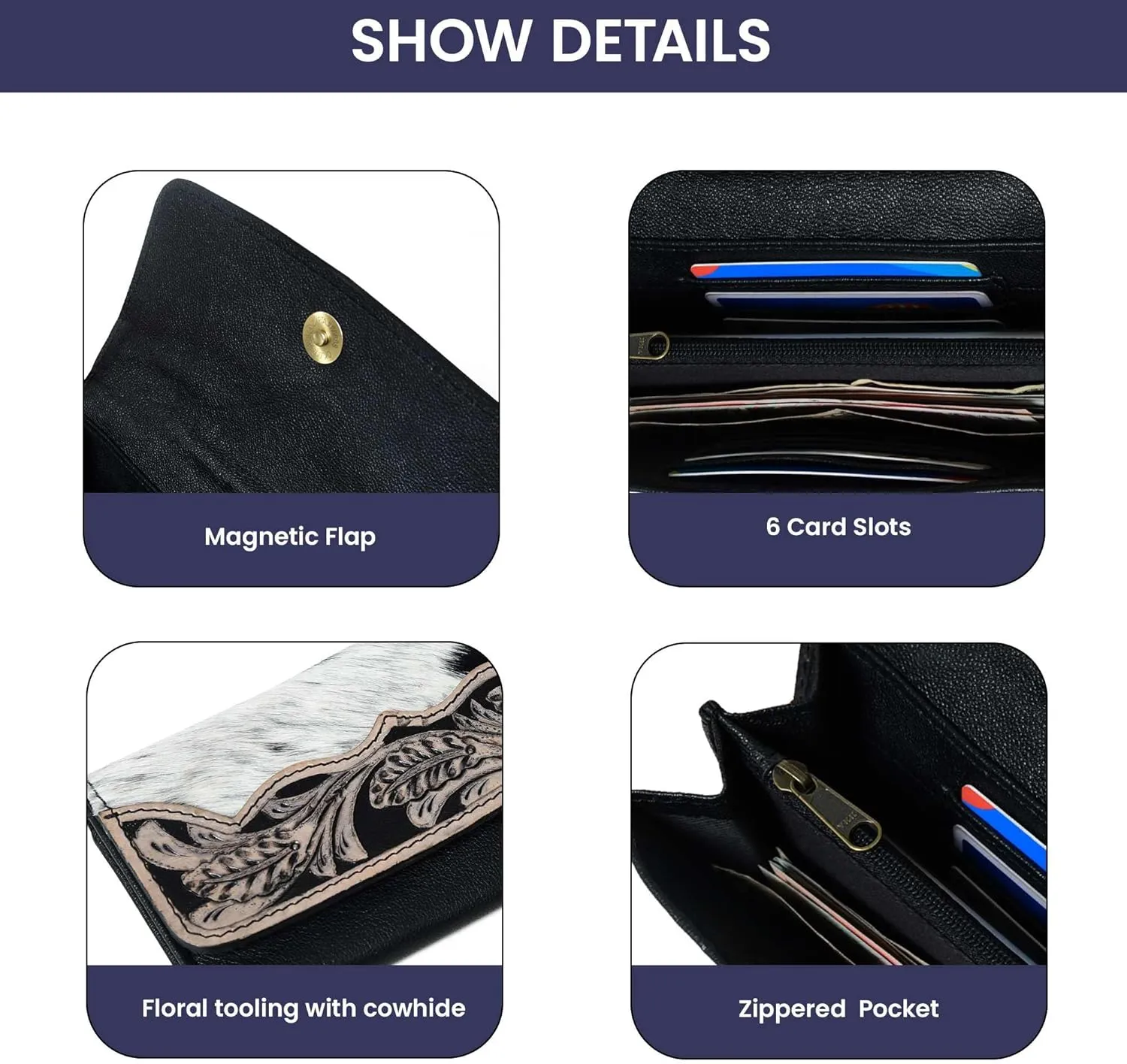 Sundown Stash Tooled Leather Cowhide Hair On Wallet for Women RFID Blocking Trifold Wallet