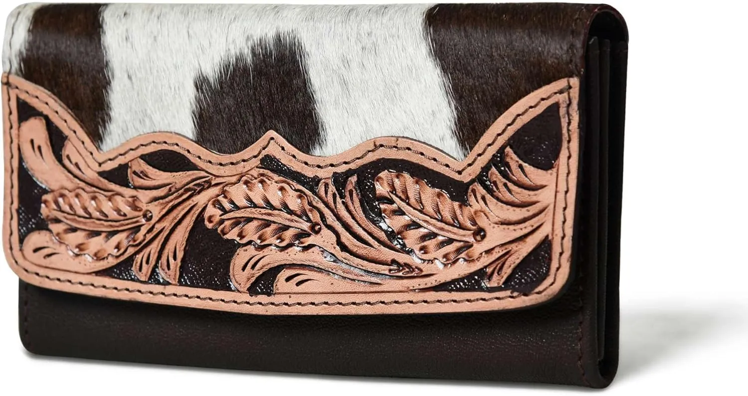 Sundown Stash Tooled Leather Cowhide Hair On Wallet for Women RFID Blocking Trifold Wallet