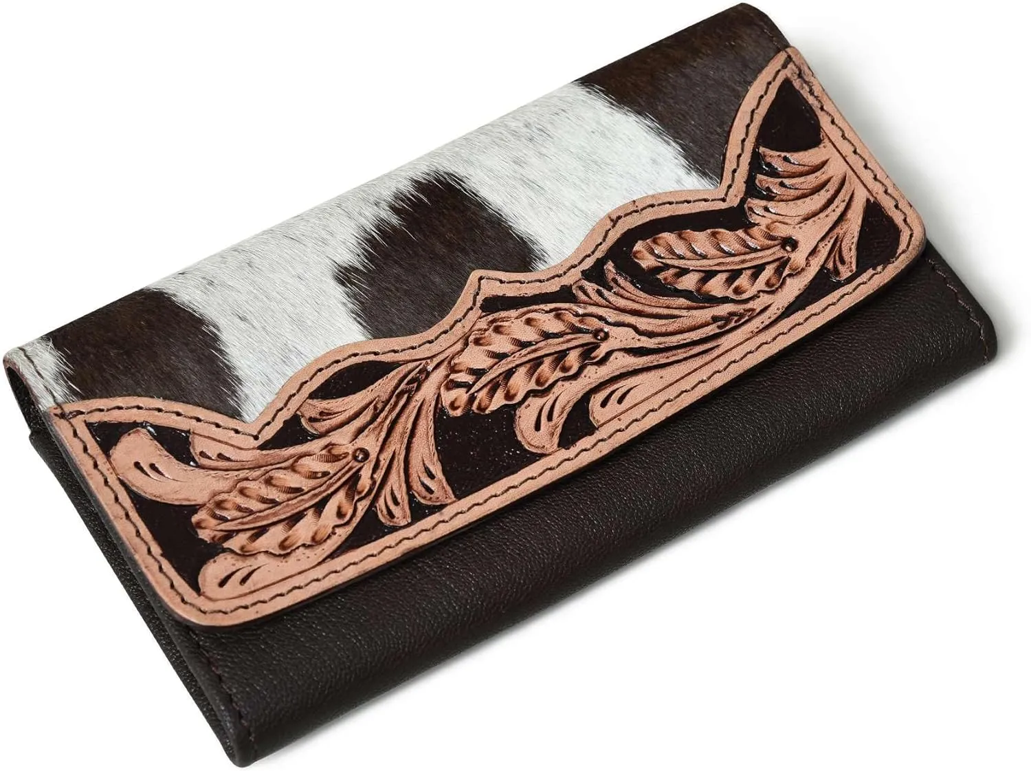 Sundown Stash Tooled Leather Cowhide Hair On Wallet for Women RFID Blocking Trifold Wallet