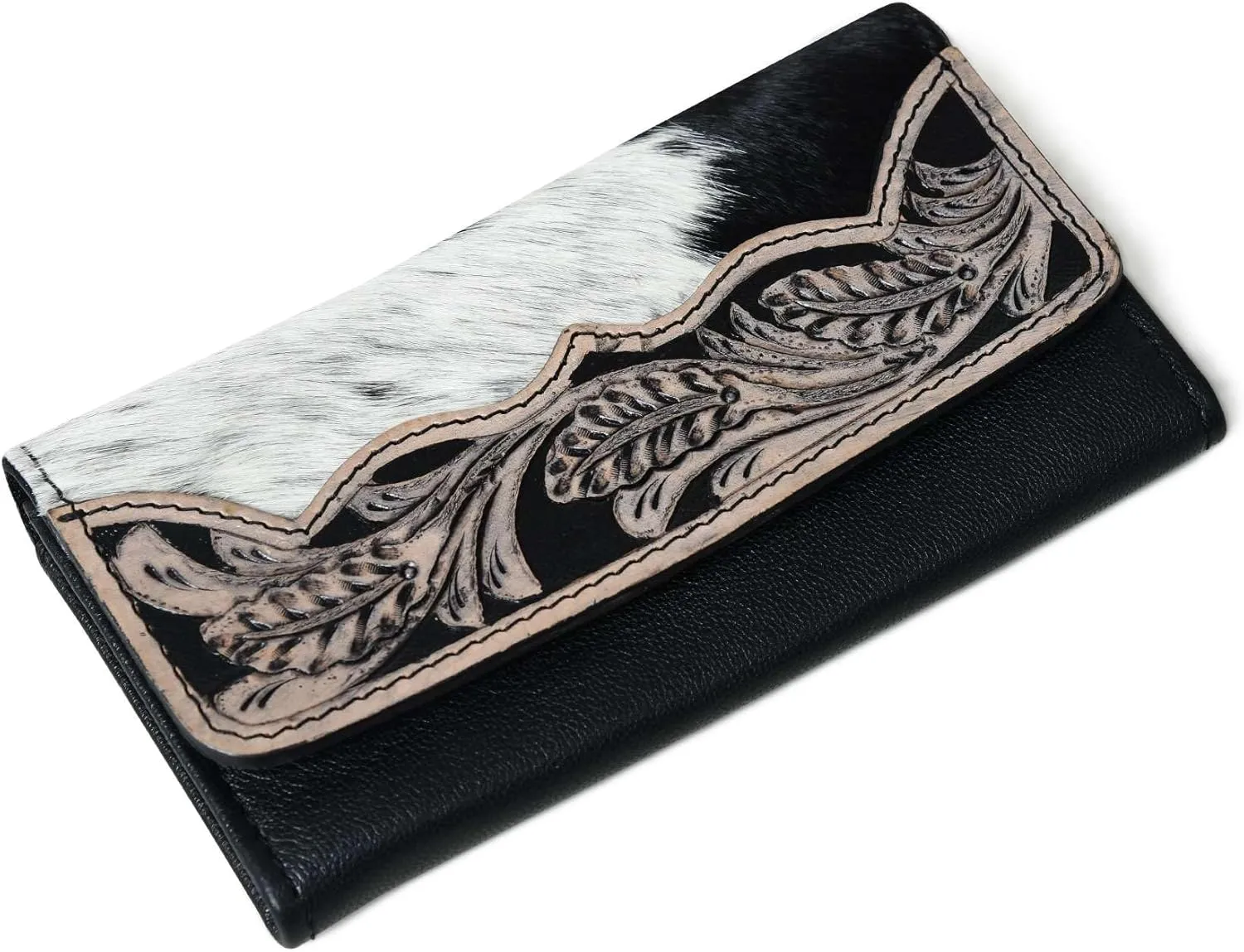 Sundown Stash Tooled Leather Cowhide Hair On Wallet for Women RFID Blocking Trifold Wallet