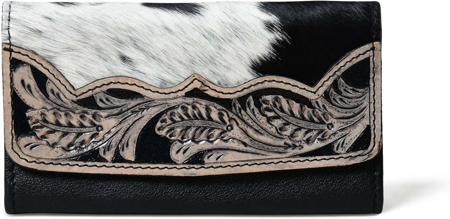 Sundown Stash Tooled Leather Cowhide Hair On Wallet for Women RFID Blocking Trifold Wallet