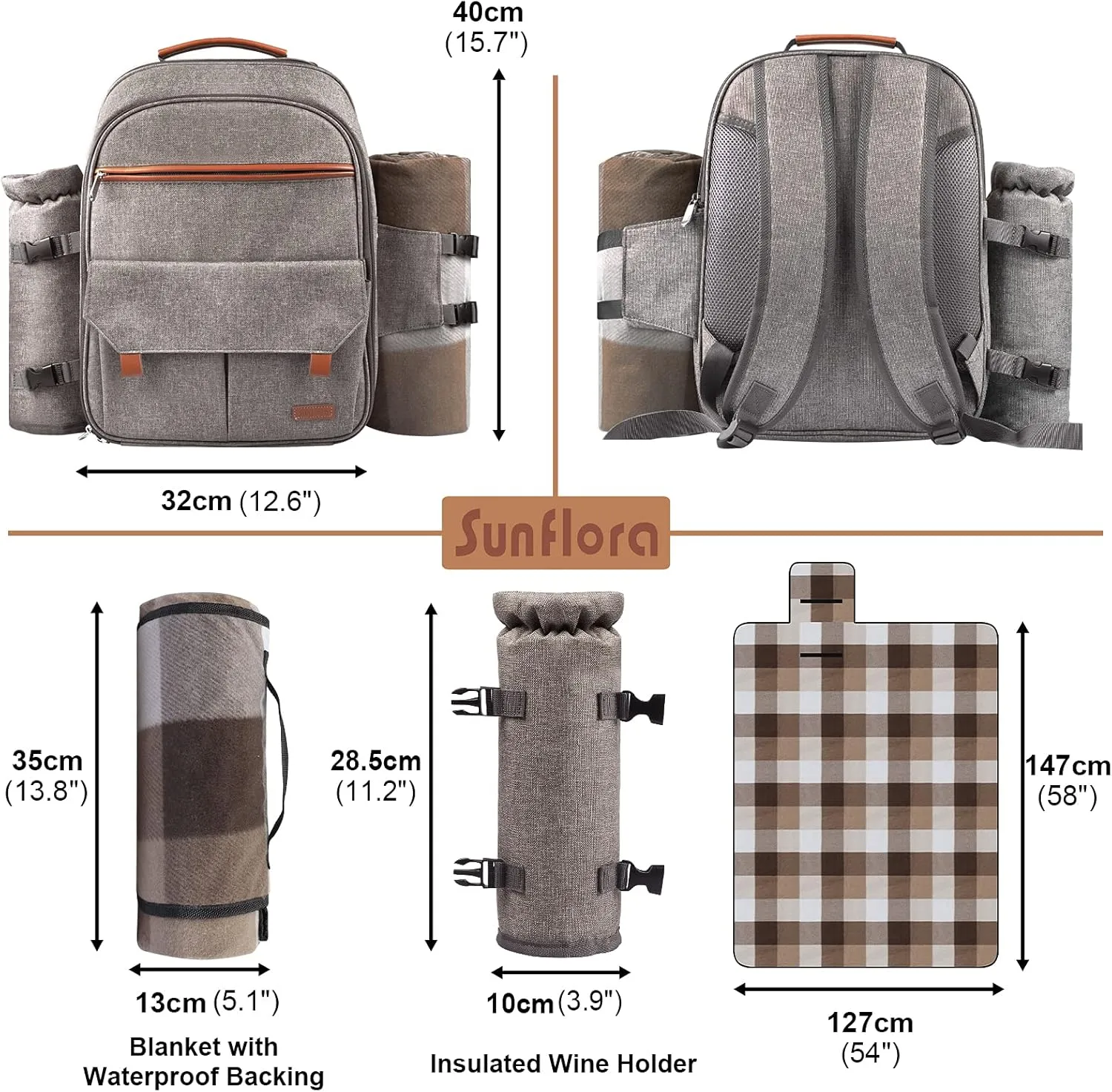 Sunflora Insulated Picnic Backpack for 2 Person Bag with Cooler Compartment, Blanket and Stainless Steel Cutlery Set for Couple, Lovers and Friends (Brush Beige)