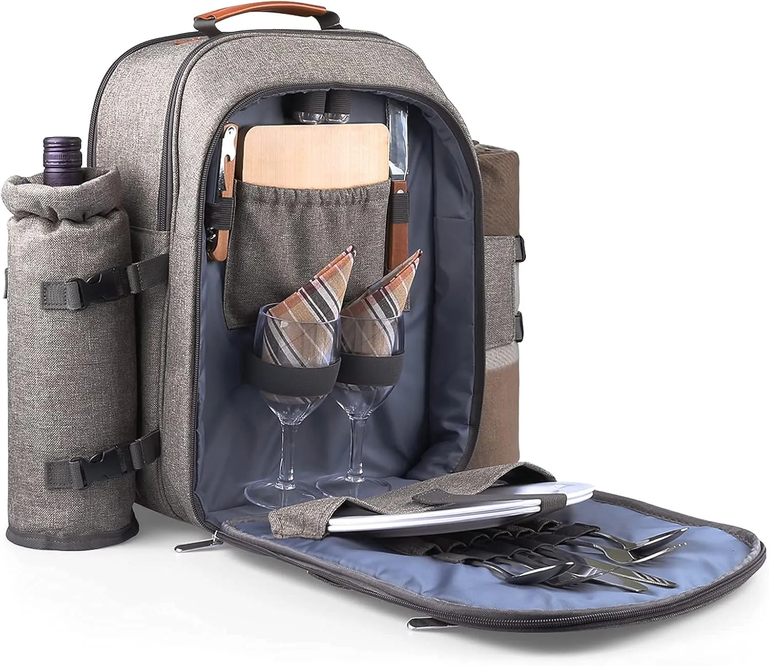 Sunflora Insulated Picnic Backpack for 2 Person Bag with Cooler Compartment, Blanket and Stainless Steel Cutlery Set for Couple, Lovers and Friends (Brush Beige)