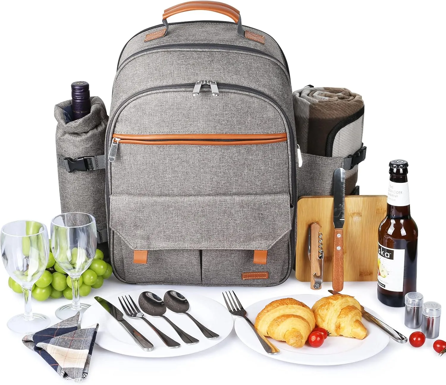Sunflora Insulated Picnic Backpack for 2 Person Bag with Cooler Compartment, Blanket and Stainless Steel Cutlery Set for Couple, Lovers and Friends (Brush Beige)