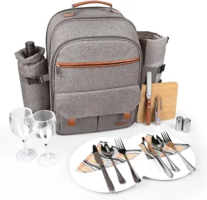 Sunflora Insulated Picnic Backpack for 2 Person Bag with Cooler Compartment, Blanket and Stainless Steel Cutlery Set for Couple, Lovers and Friends (Brush Beige)