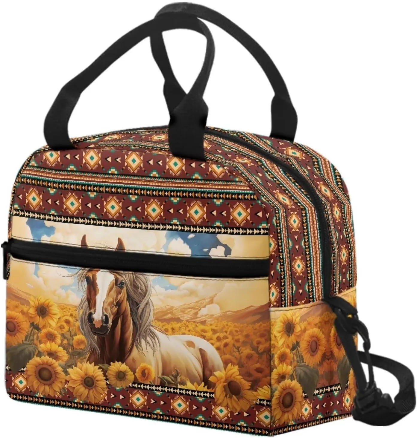 Sunflower Horse Lunch Bag for Girls Boys Insulated Lunch Box Reusable Cooler Lunchbag Lunchboxes Bento Cooler Bags Tote Handbag Meal Prep Organizer for Adults Men Women