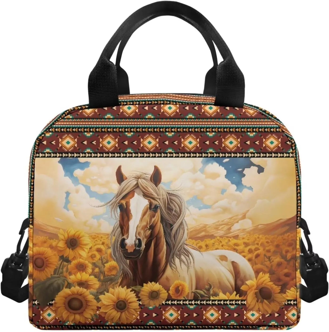 Sunflower Horse Lunch Bag for Girls Boys Insulated Lunch Box Reusable Cooler Lunchbag Lunchboxes Bento Cooler Bags Tote Handbag Meal Prep Organizer for Adults Men Women