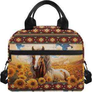 Sunflower Horse Lunch Bag for Girls Boys Insulated Lunch Box Reusable Cooler Lunchbag Lunchboxes Bento Cooler Bags Tote Handbag Meal Prep Organizer for Adults Men Women