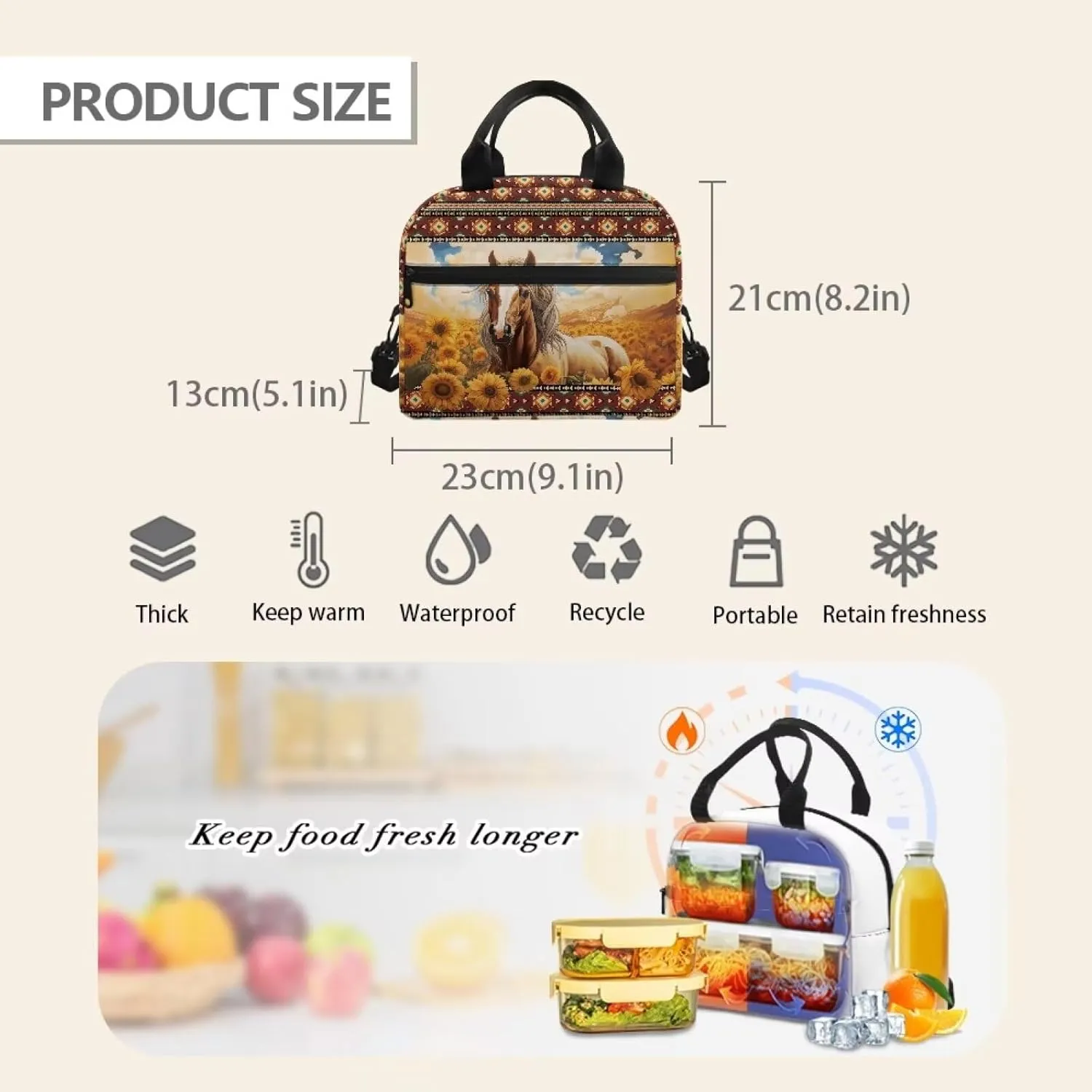 Sunflower Horse Lunch Bag for Girls Boys Insulated Lunch Box Reusable Cooler Lunchbag Lunchboxes Bento Cooler Bags Tote Handbag Meal Prep Organizer for Adults Men Women