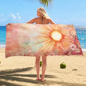 Sunshine Floral Microfiber Beach Towel Peach Watercolor Painting Design, Quick Dry Absorbent Sand Free Lightweight Travel Blanket, Summer Vacation Pool Picnic Essentials 62x31 Inch