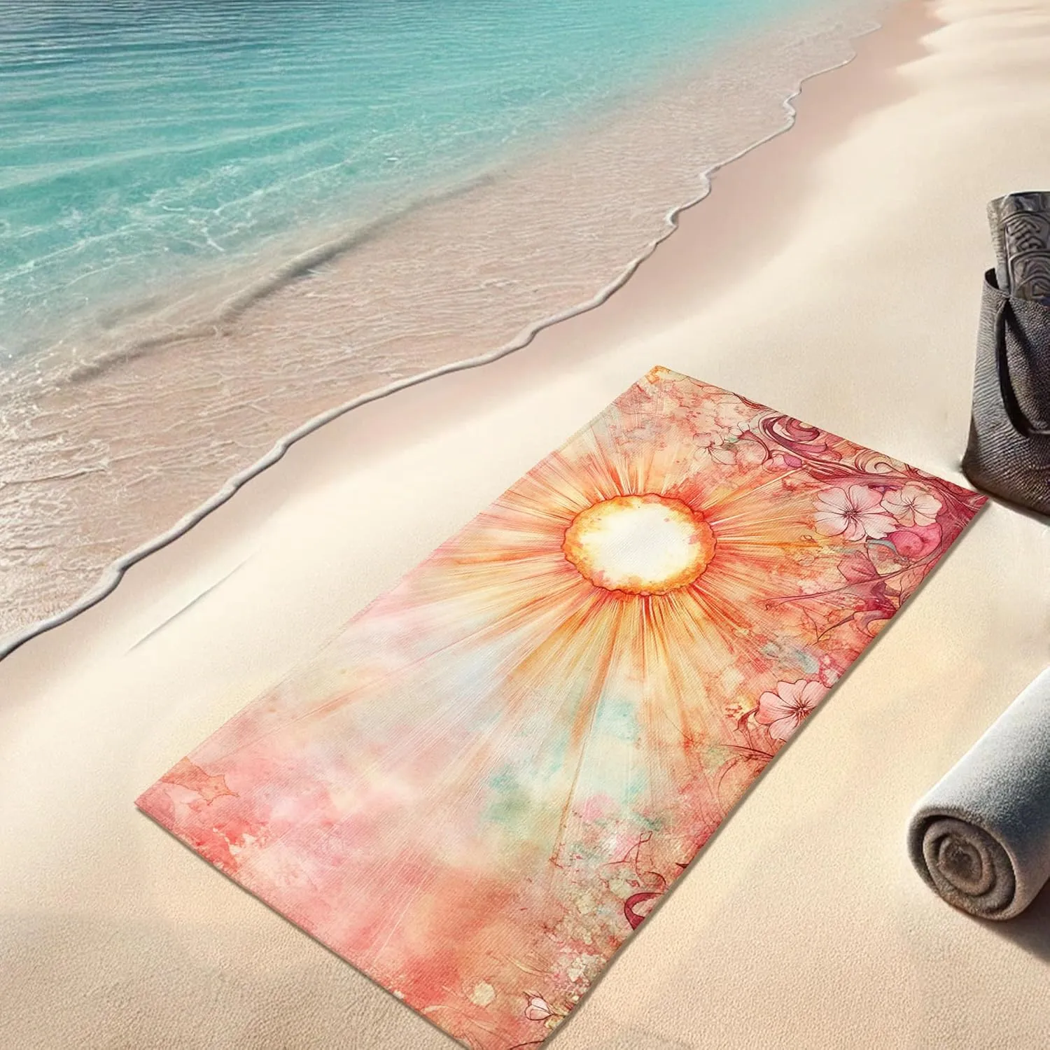 Sunshine Floral Microfiber Beach Towel Peach Watercolor Painting Design, Quick Dry Absorbent Sand Free Lightweight Travel Blanket, Summer Vacation Pool Picnic Essentials 62x31 Inch