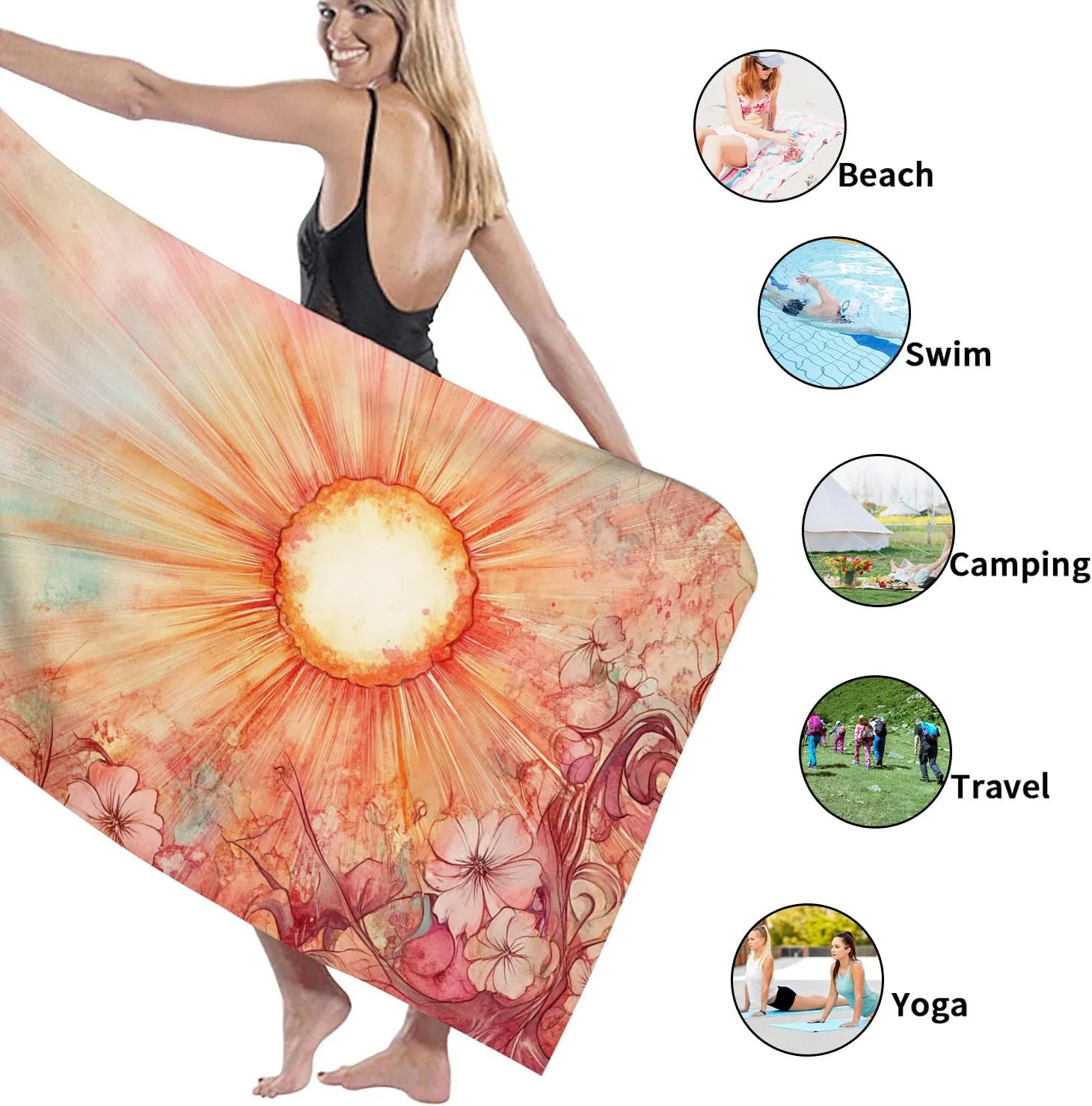 Sunshine Floral Microfiber Beach Towel Peach Watercolor Painting Design, Quick Dry Absorbent Sand Free Lightweight Travel Blanket, Summer Vacation Pool Picnic Essentials 62x31 Inch