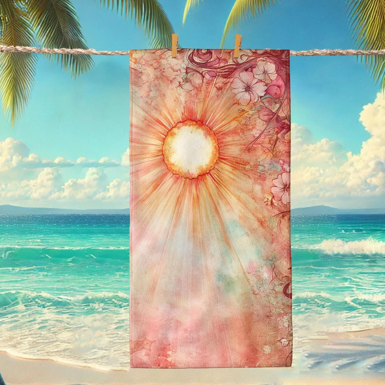 Sunshine Floral Microfiber Beach Towel Peach Watercolor Painting Design, Quick Dry Absorbent Sand Free Lightweight Travel Blanket, Summer Vacation Pool Picnic Essentials 62x31 Inch