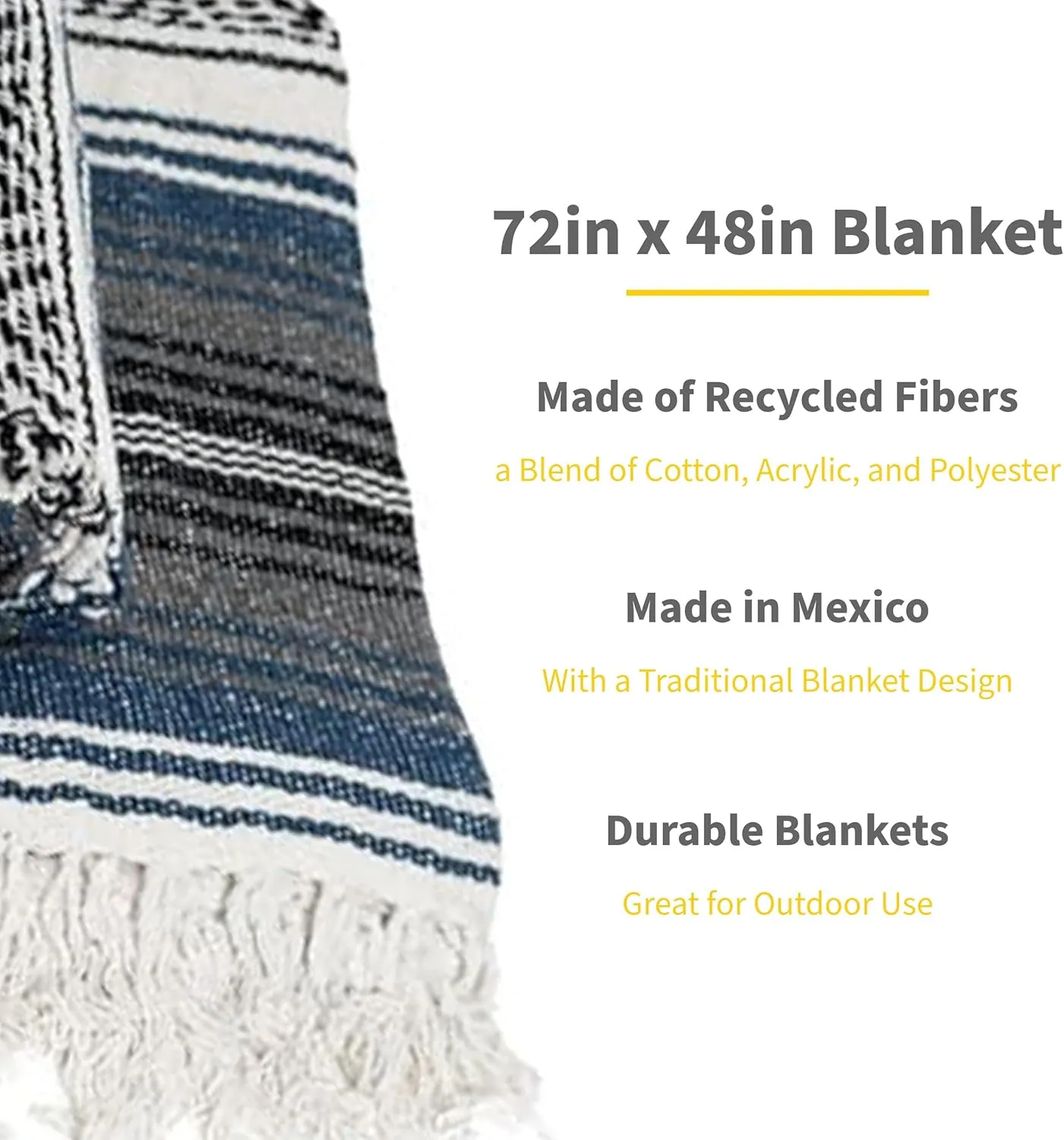 Sunshine Yoga Authentic Mexican Yoga Blanket, 12 Pack, 72 x 48 inches, Made in Mexico - Multipurpose Falsa Blanket, Striped, Slate Blue/Charcoal/Black/White
