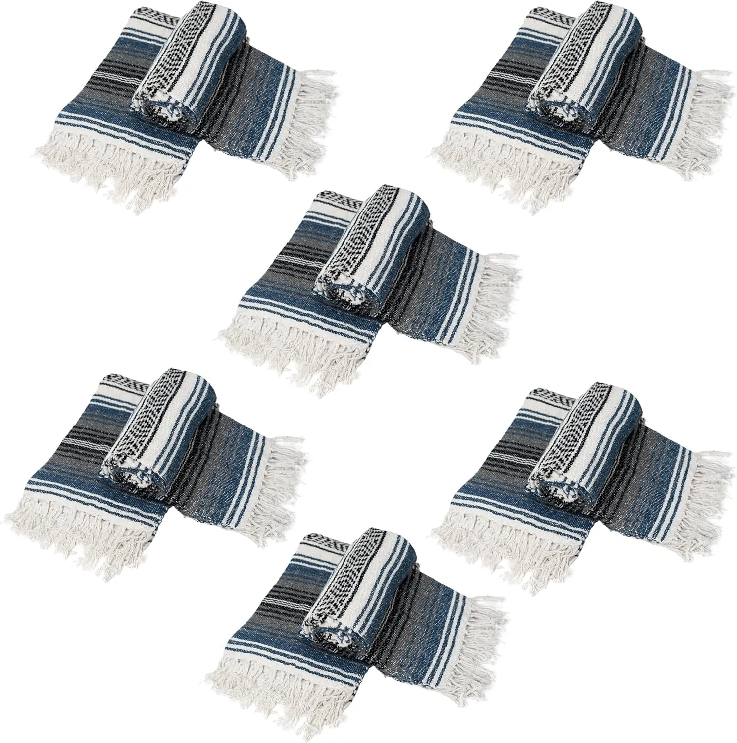 Sunshine Yoga Authentic Mexican Yoga Blanket, 12 Pack, 72 x 48 inches, Made in Mexico - Multipurpose Falsa Blanket, Striped, Slate Blue/Charcoal/Black/White