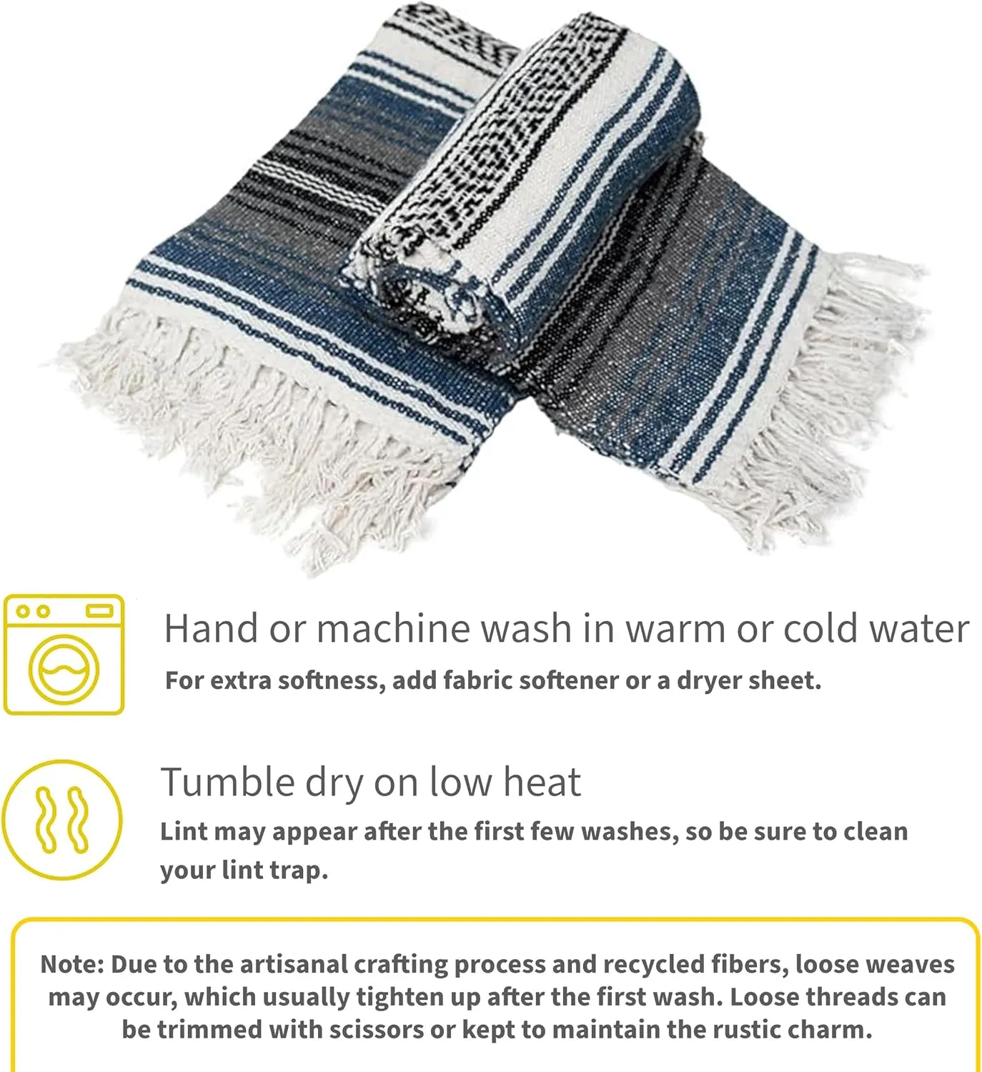 Sunshine Yoga Authentic Mexican Yoga Blanket, 12 Pack, 72 x 48 inches, Made in Mexico - Multipurpose Falsa Blanket, Striped, Slate Blue/Charcoal/Black/White