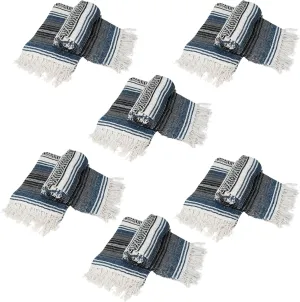 Sunshine Yoga Authentic Mexican Yoga Blanket, 12 Pack, 72 x 48 inches, Made in Mexico - Multipurpose Falsa Blanket, Striped, Slate Blue/Charcoal/Black/White