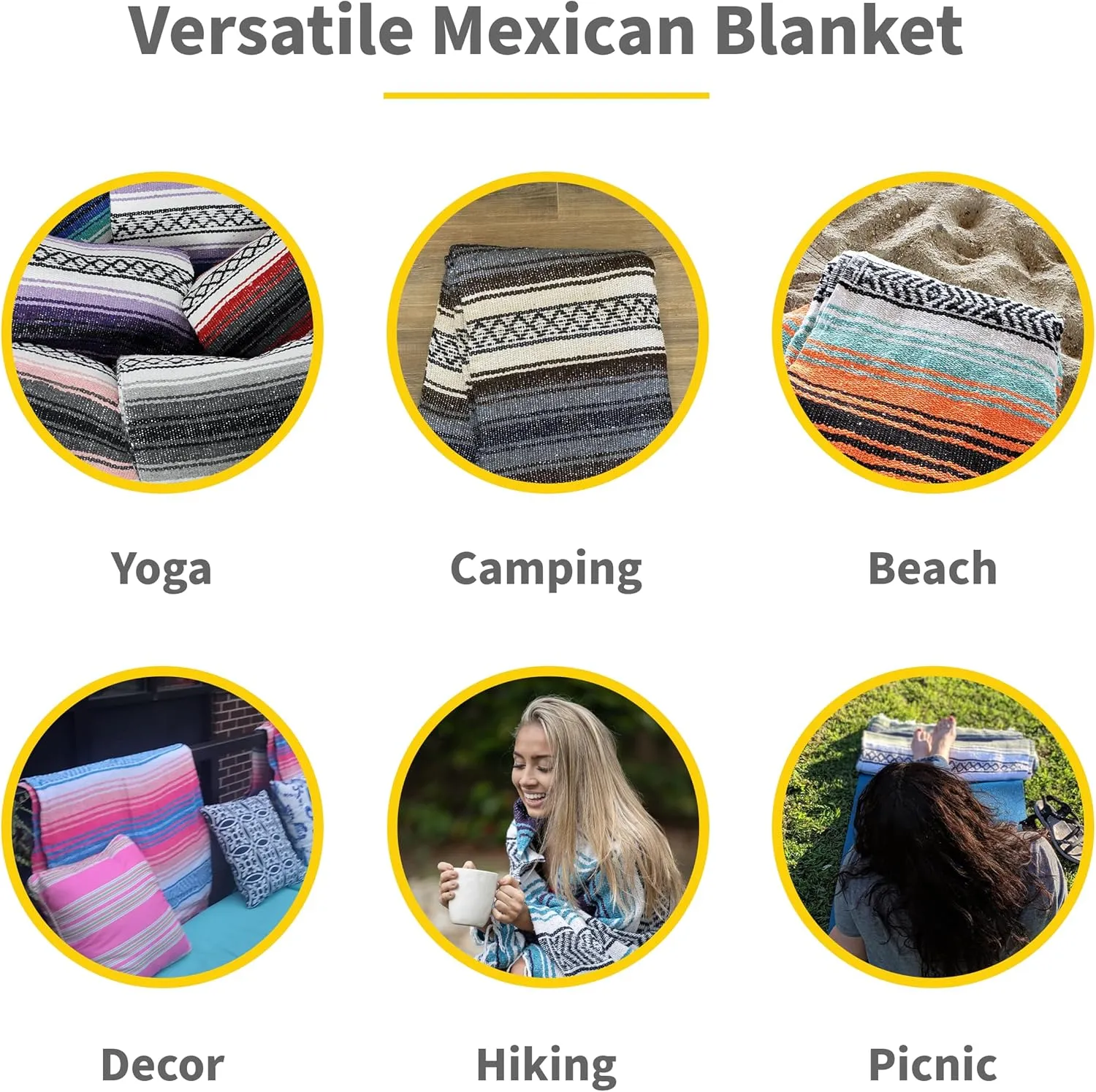Sunshine Yoga Authentic Mexican Yoga Blanket, 12 Pack, 72 x 48 inches, Made in Mexico - Multipurpose Falsa Blanket, Striped, Slate Blue/Charcoal/Black/White