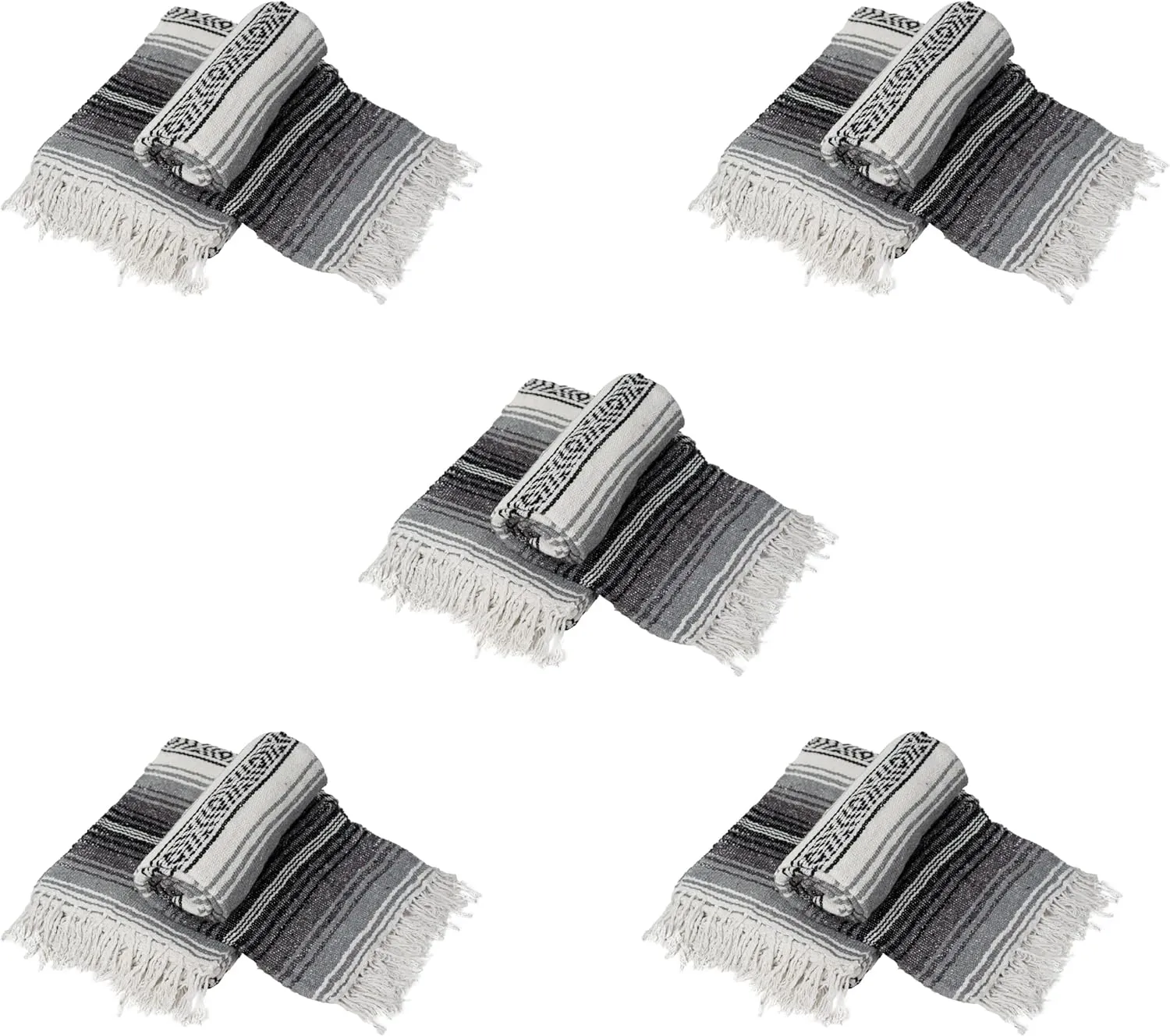Sunshine Yoga Mexican Authentic Blanket, 10 Pack, 72 x 48 inches, Handcrafted with Reclaimed Fibers, Breathable, Easy to Maintain, Charcoal/Silver/White, Full, Multipurpose Blanket