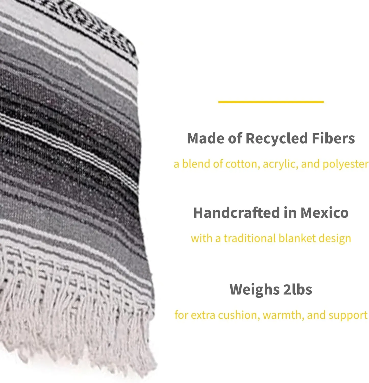 Sunshine Yoga Mexican Authentic Blanket, 10 Pack, 72 x 48 inches, Handcrafted with Reclaimed Fibers, Breathable, Easy to Maintain, Charcoal/Silver/White, Full, Multipurpose Blanket