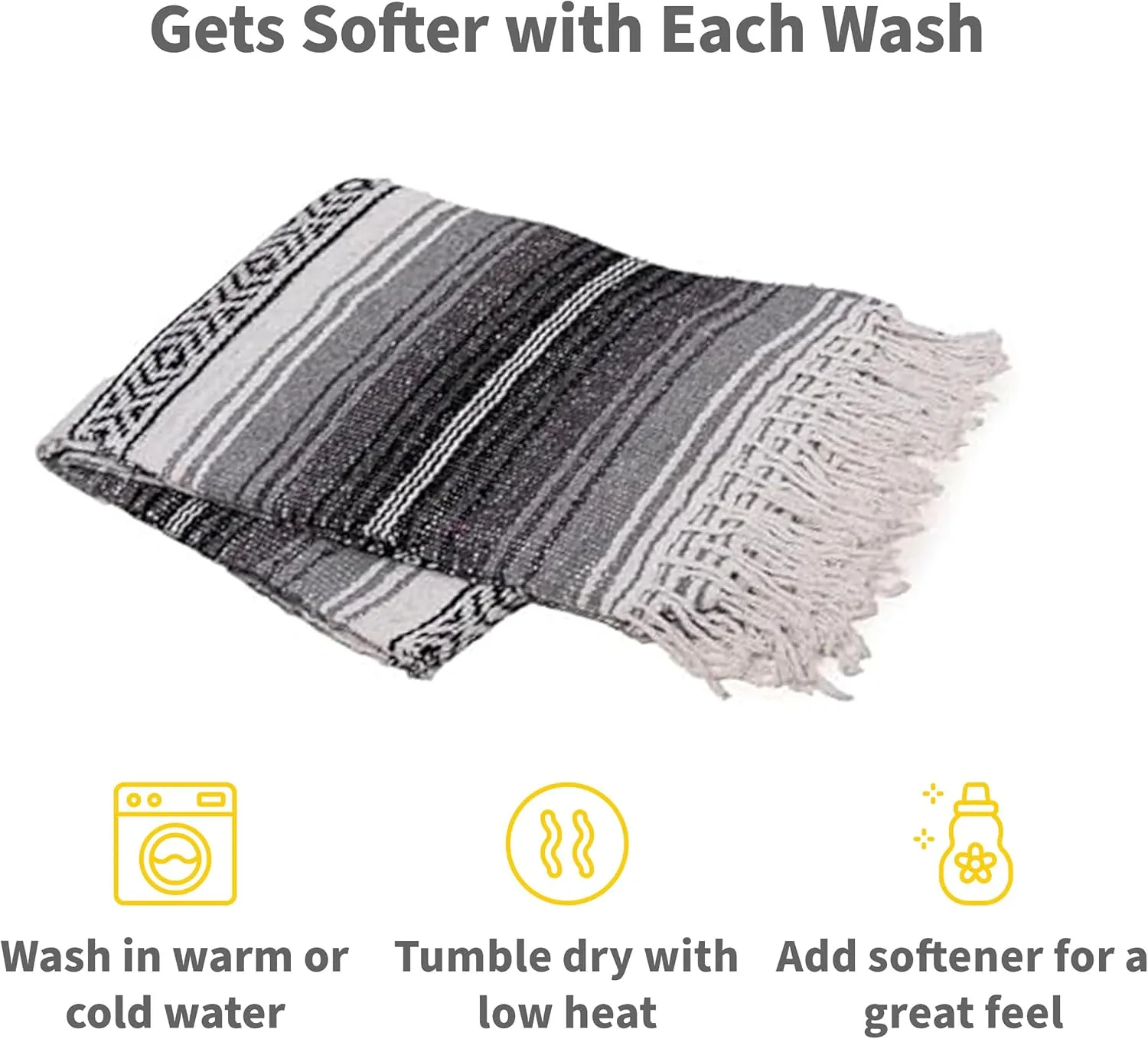 Sunshine Yoga Mexican Authentic Blanket, 10 Pack, 72 x 48 inches, Handcrafted with Reclaimed Fibers, Breathable, Easy to Maintain, Charcoal/Silver/White, Full, Multipurpose Blanket
