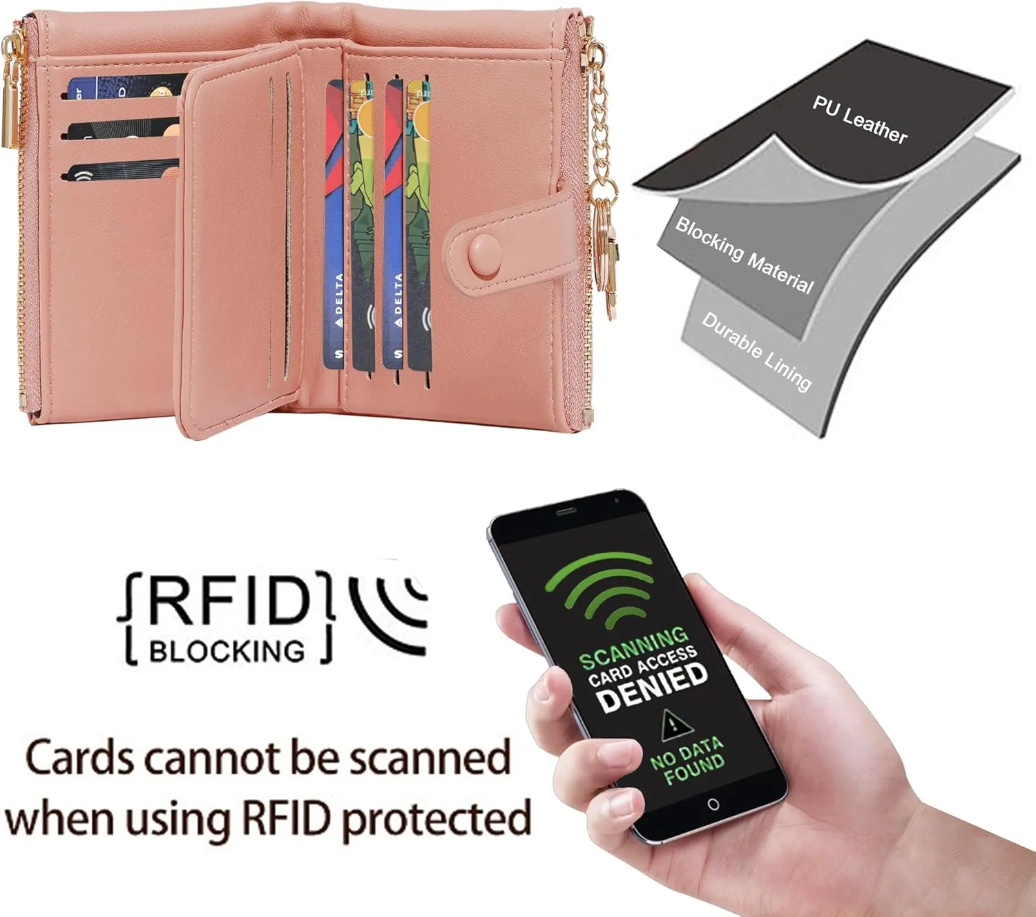 Sunwel Fashion Small Vegan Leather Wallet for Women RFID Blocking Ladies 13 Card Holder with Double Zipper Pocket (PINK)