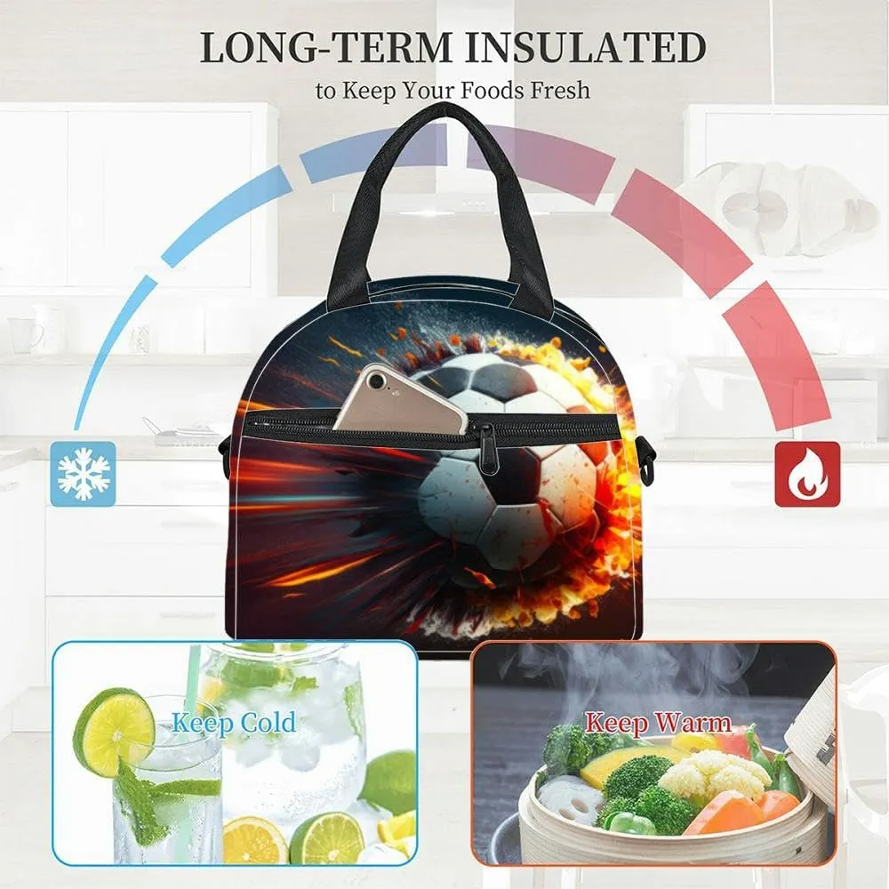 Super high velocity soccer ball fire bursting out A soccer ball Insulated Adult Lunch Bag with Shoulder Strap for Women Lightweight Reusable Portable Freezable Lunch Tote Bag for Work Picnic