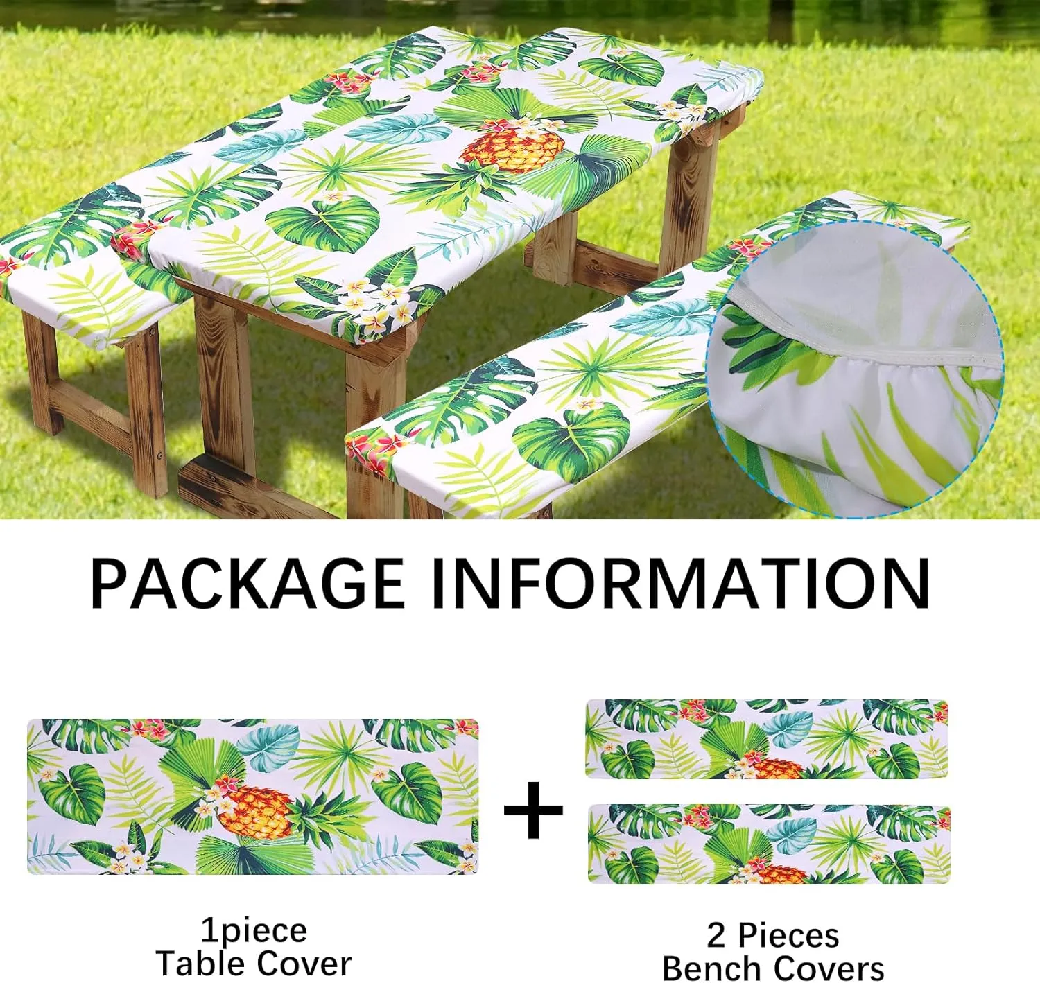 SUQ I OME Picnic Table Cover with Bench Covers Camping Essentials Waterproof Windproof Elastic Fitted Tablecloth with Handbag, Fitted Rectangle Tables and Seats, (Green Yellow)