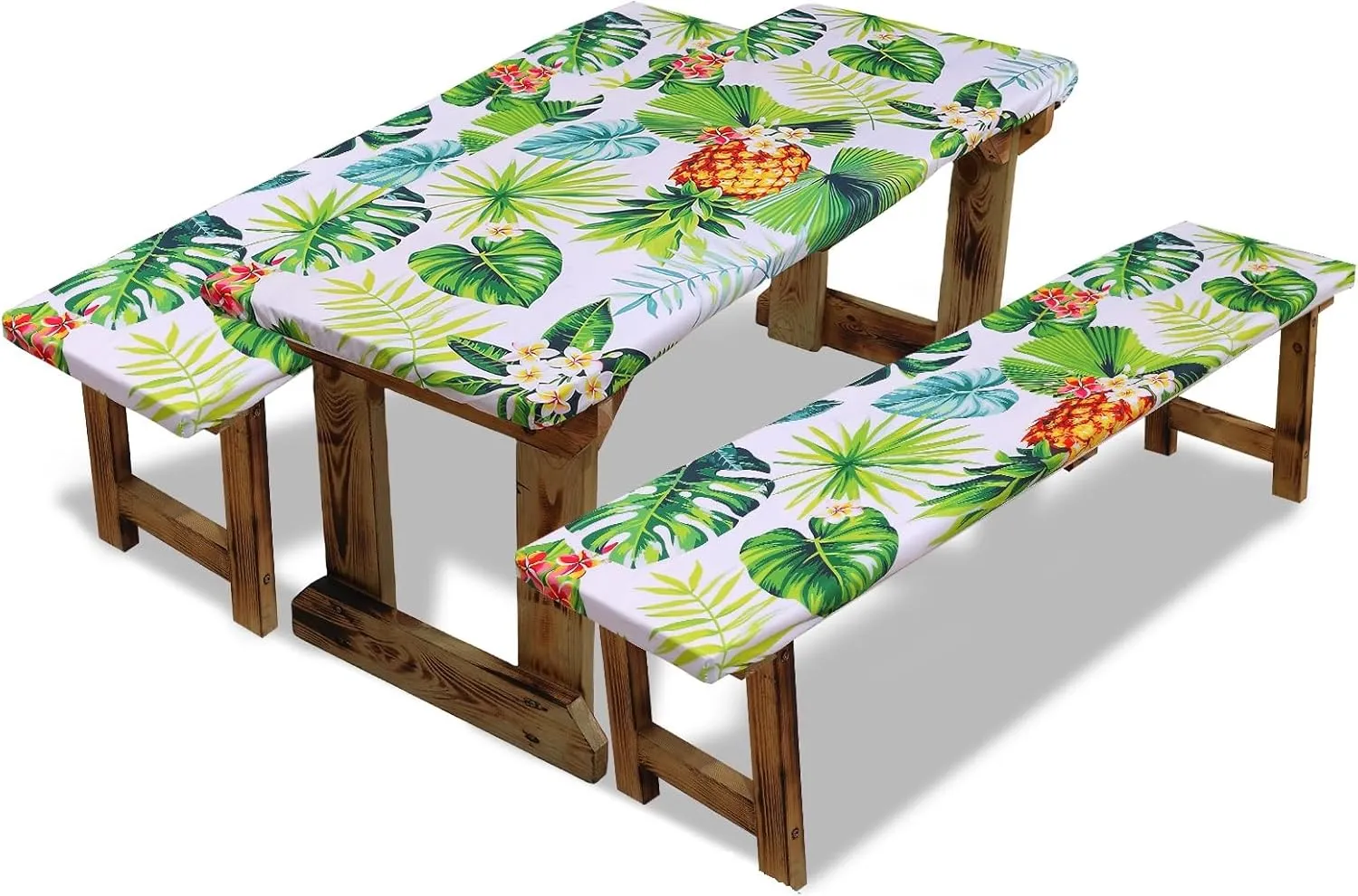 SUQ I OME Picnic Table Cover with Bench Covers Camping Essentials Waterproof Windproof Elastic Fitted Tablecloth with Handbag, Fitted Rectangle Tables and Seats, (Green Yellow)