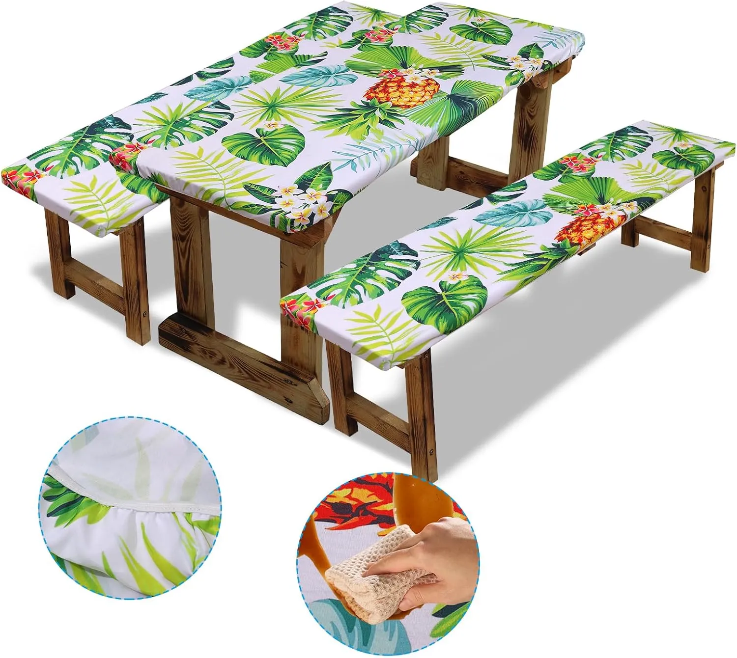SUQ I OME Picnic Table Cover with Bench Covers Camping Essentials Waterproof Windproof Elastic Fitted Tablecloth with Handbag, Fitted Rectangle Tables and Seats, (Green Yellow)