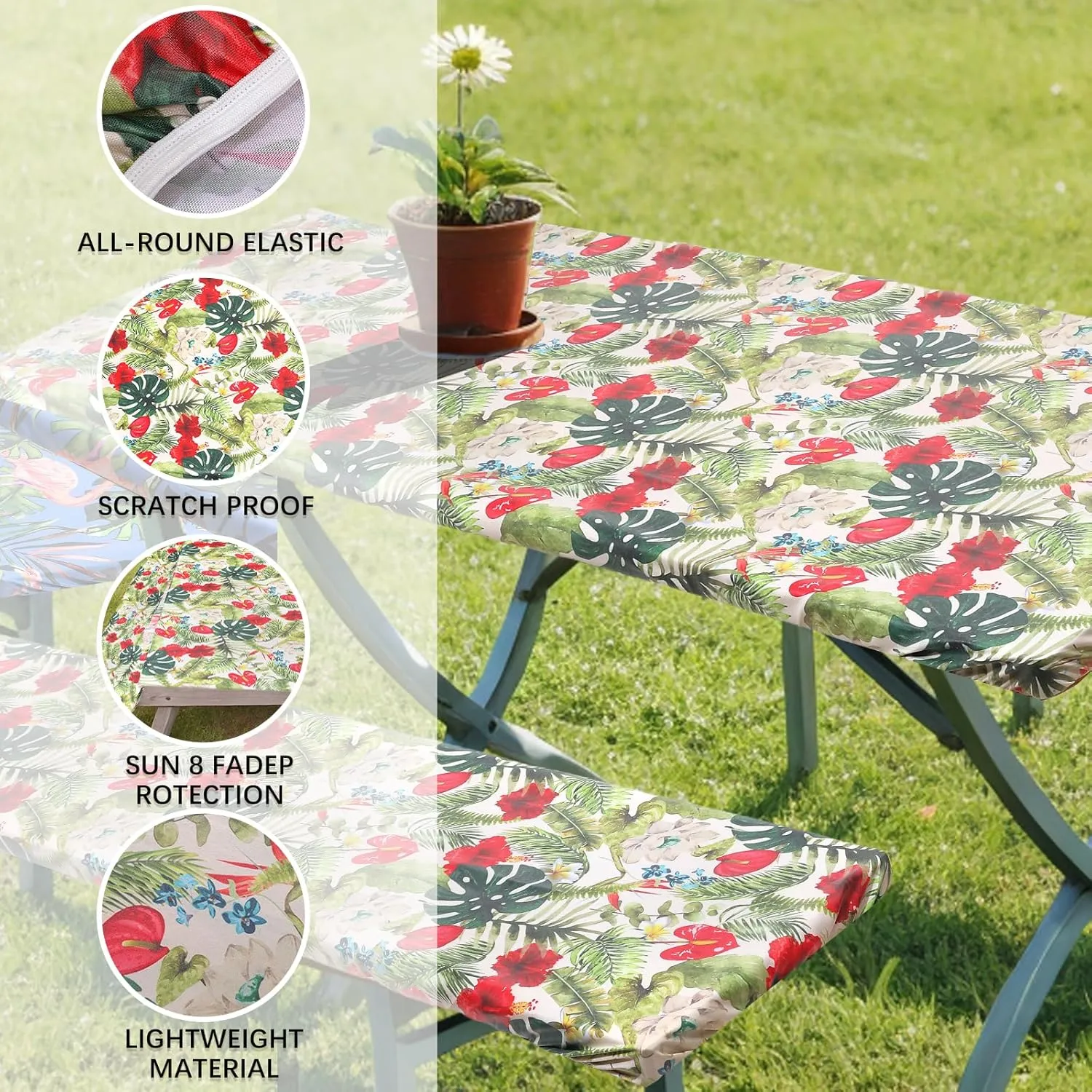 SUQ I OME Picnic Table Cover with Bench Covers Camping Essentials Waterproof Windproof Elastic Fitted Tablecloth with Handbag, Fitted Rectangle Tables and Seats,72 * 30 inch (Beige Red)