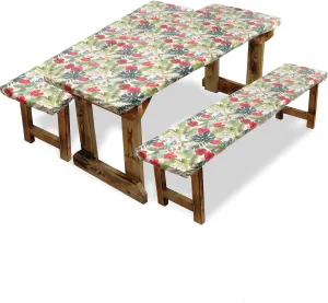 SUQ I OME Picnic Table Cover with Bench Covers Camping Essentials Waterproof Windproof Elastic Fitted Tablecloth with Handbag, Fitted Rectangle Tables and Seats,72 * 30 inch (Beige Red)