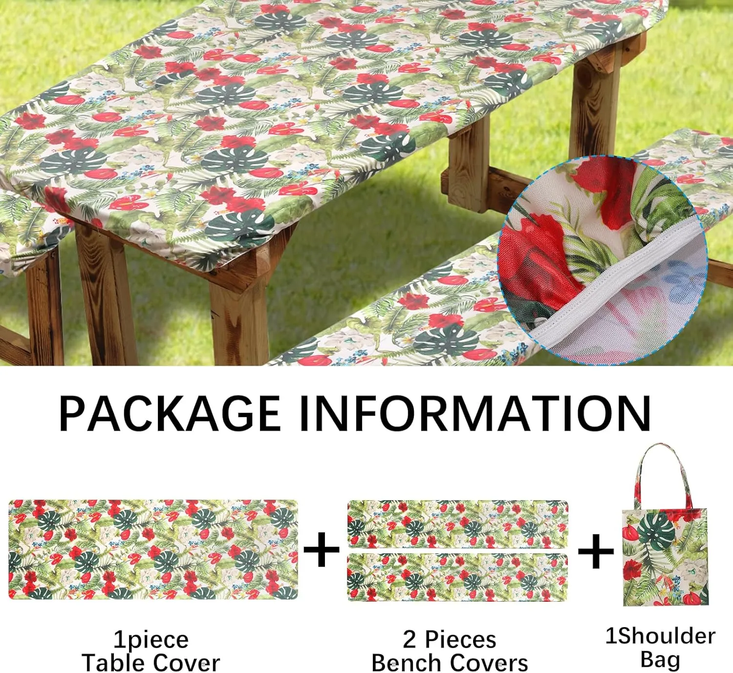 SUQ I OME Picnic Table Cover with Bench Covers Camping Essentials Waterproof Windproof Elastic Fitted Tablecloth with Handbag, Fitted Rectangle Tables and Seats,72 * 30 inch (Beige Red)