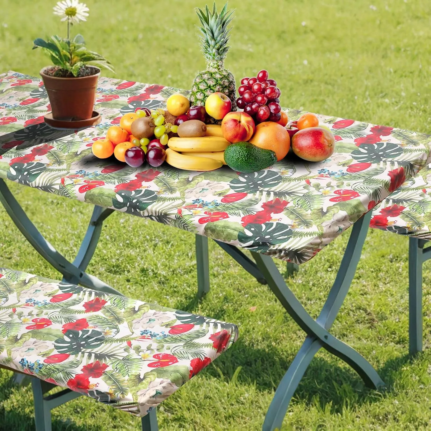 SUQ I OME Picnic Table Cover with Bench Covers Camping Essentials Waterproof Windproof Elastic Fitted Tablecloth with Handbag, Fitted Rectangle Tables and Seats,72 * 30 inch (Beige Red)