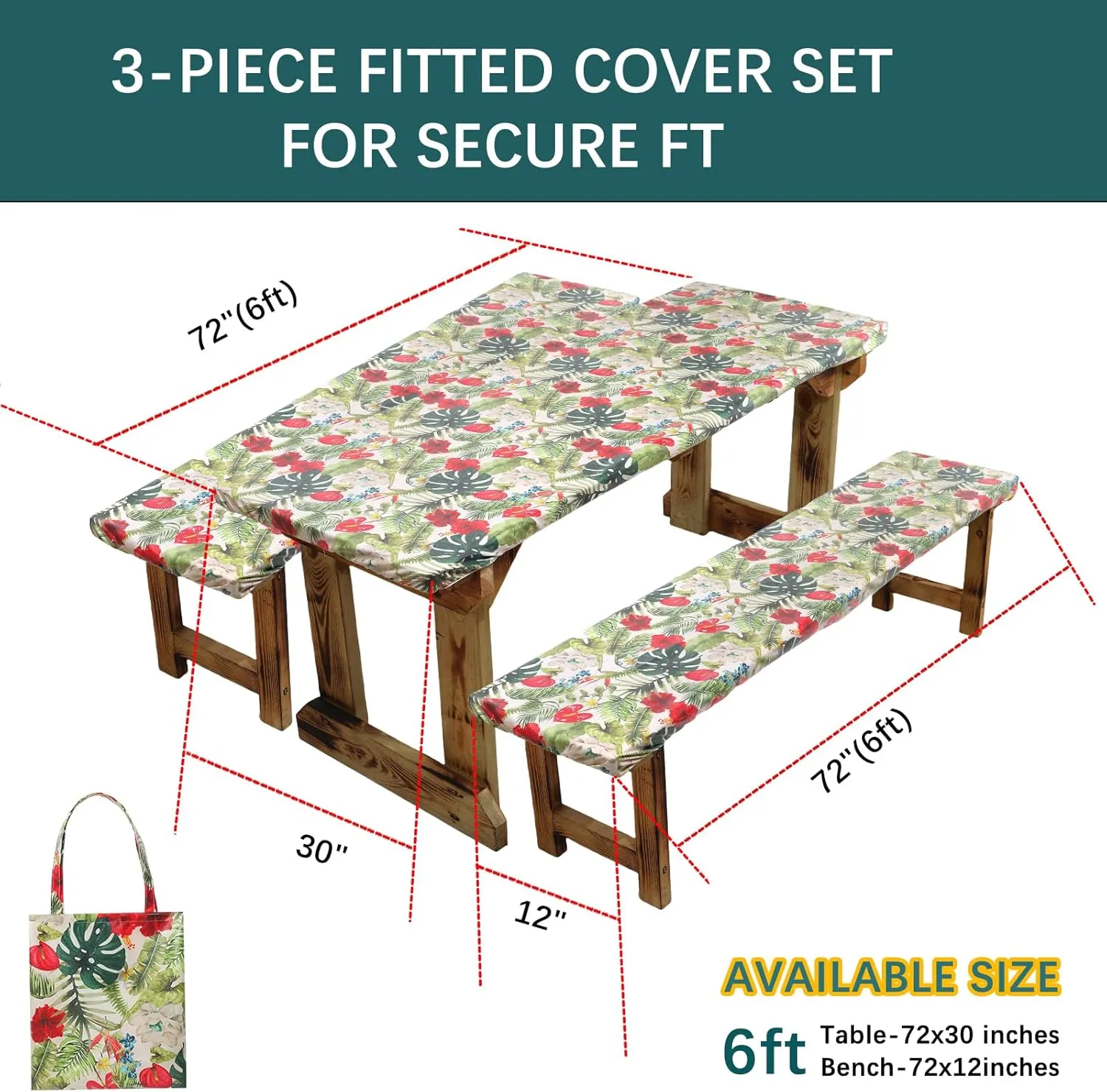 SUQ I OME Picnic Table Cover with Bench Covers Camping Essentials Waterproof Windproof Elastic Fitted Tablecloth with Handbag, Fitted Rectangle Tables and Seats,72 * 30 inch (Beige Red)