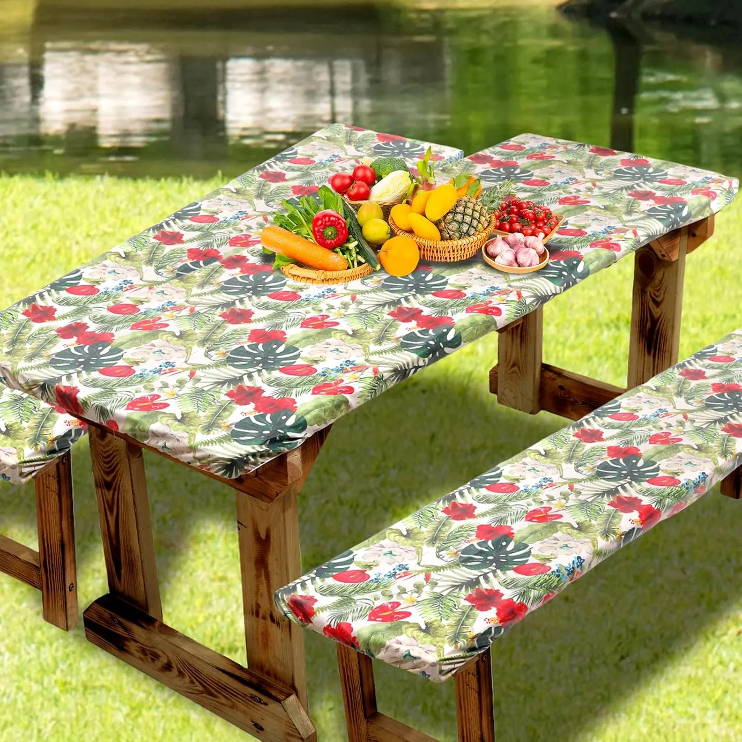 SUQ I OME Picnic Table Cover with Bench Covers Camping Essentials Waterproof Windproof Elastic Fitted Tablecloth with Handbag, Fitted Rectangle Tables and Seats,72 * 30 inch (Beige Red)