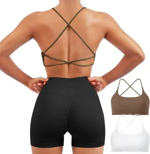 SUUKSESS Women 2 Piece Open Back Sports Bra Pack Strappy Workout Gym Yoga Crops