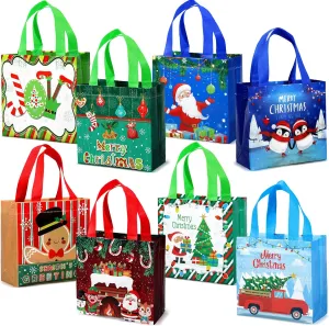 Sweetude 48 Pcs Christmas Gift Bags Reusable Small Christmas Tote Bags with Handle Non Woven Xmas Party Favor Wrappers for Xmas Party Supplies, 7.8 x 7.8 x 3.5 Inch