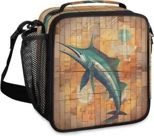 Swordfish Lunch Box Women Men Small Lunchbag Thermal Lunchbox Ocean Swordfish Insulated Lunch Bag with Adjustable Shoulder Strap and Mesh Pocket