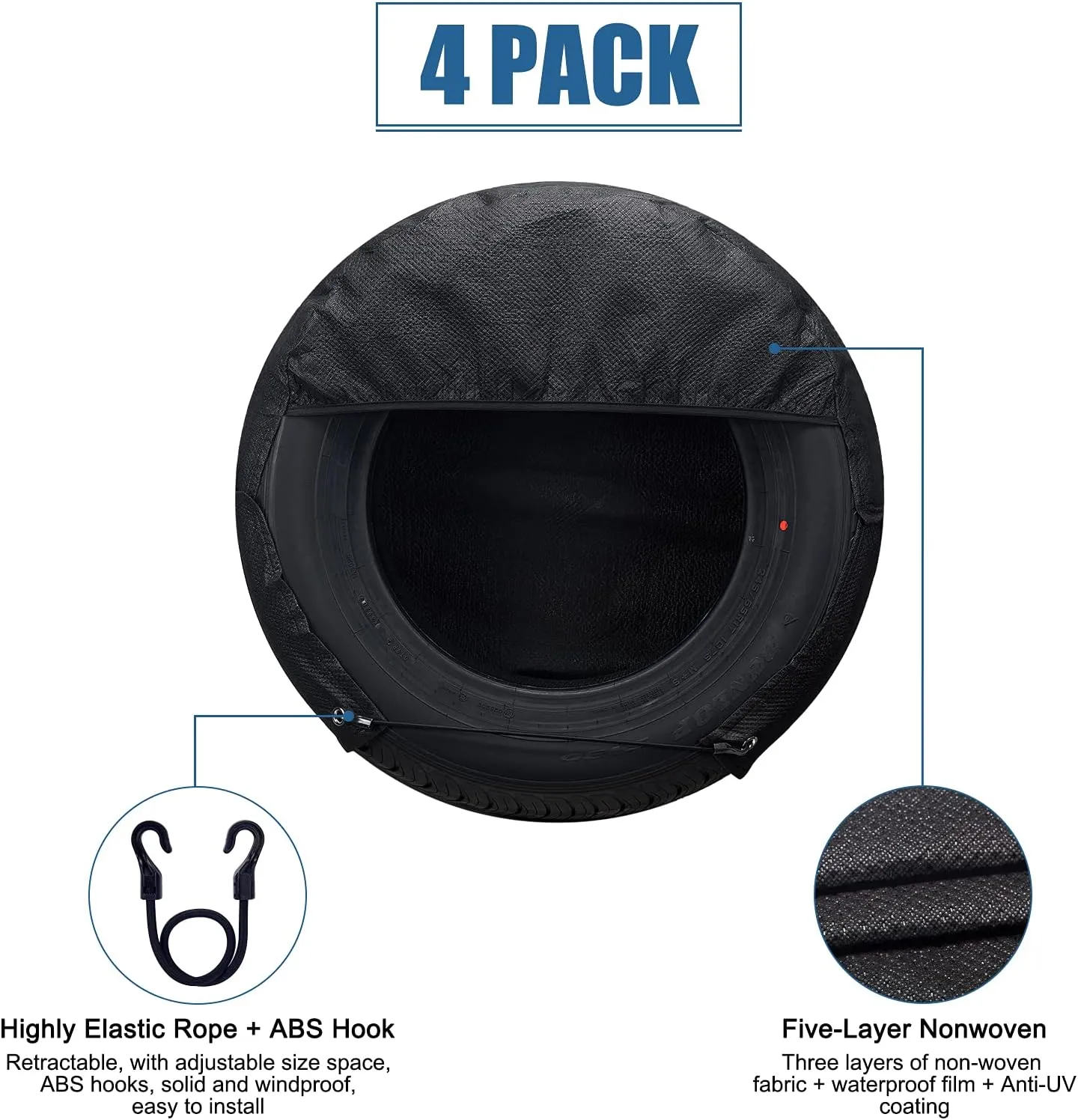 SYERAL Tire Covers Set of 4,Upgraded 5 Layer Nonwoven RV Wheel Covers, Waterproof Anti-UV Snow Sun Rain Tire Protectors Covers for Trailer,Camper,RV,Truck,SUV,25-27inch(S) Balck