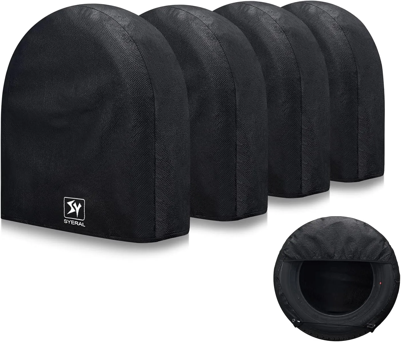 SYERAL Tire Covers Set of 4,Upgraded 5 Layer Nonwoven RV Wheel Covers, Waterproof Anti-UV Snow Sun Rain Tire Protectors Covers for Trailer,Camper,RV,Truck,SUV,25-27inch(S) Balck