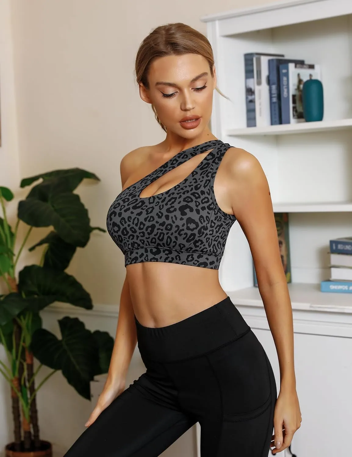 Sykooria Womens One Shoulder Sports Bras Workout Left Strap Yoga Bras Cute Medium Support Crop Tops